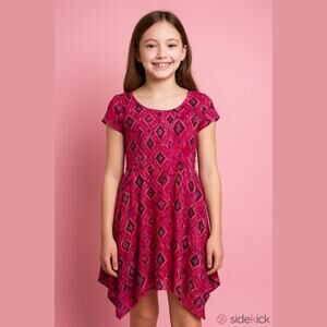 5/$65     Xhilaration Girls Dress Sz M 7 8 Pink Lace Ikat Print Handkerchief Hem
